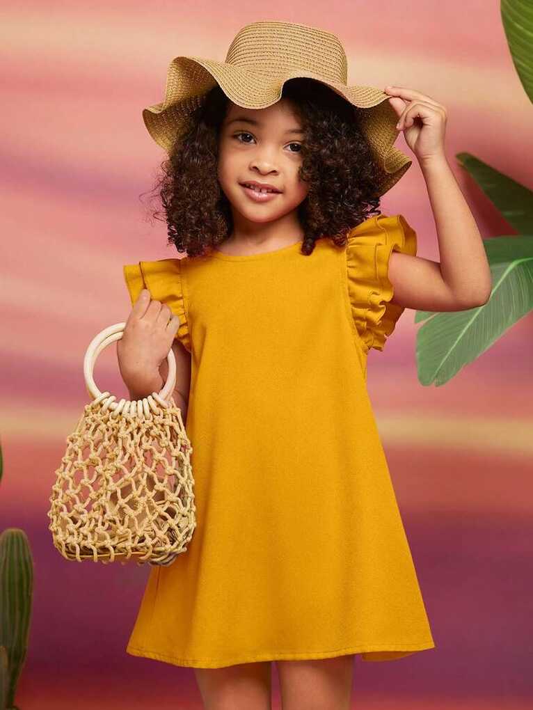 SHEIN Young Girl Solid Color Round Neck A-Line Dress And Ruffled ...