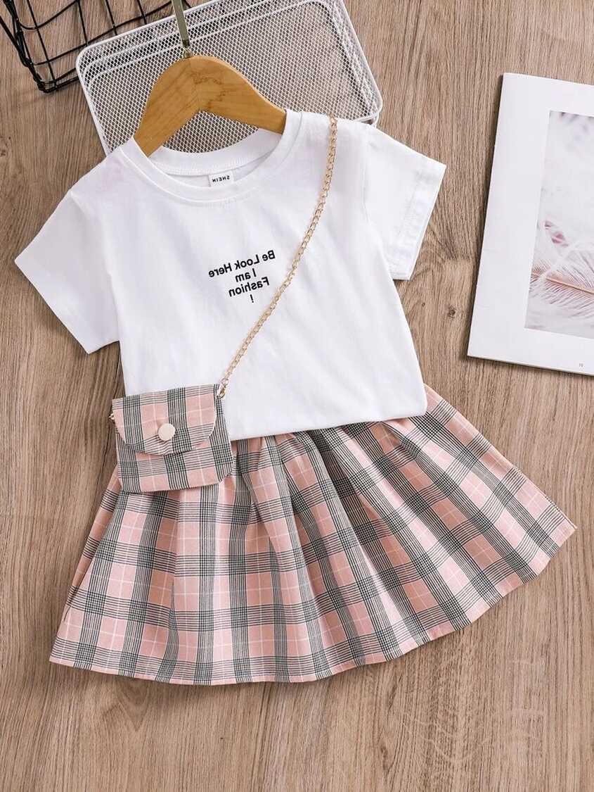 SHEIN Young Girl Toddler Girls Slogan Graphic Tee &amp; Plaid Skirt ...