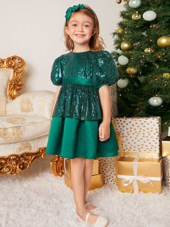 SHEIN Young Girls Sequin Panel Puff Sleeve Party Dress | SHEIN USA