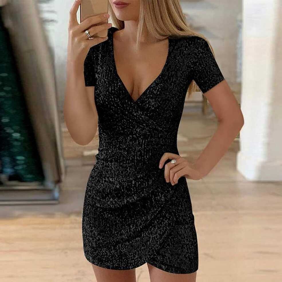 SHENGXINY V Neck Bodycon Mini Dress for Women Short Sleeve Sparkly ...