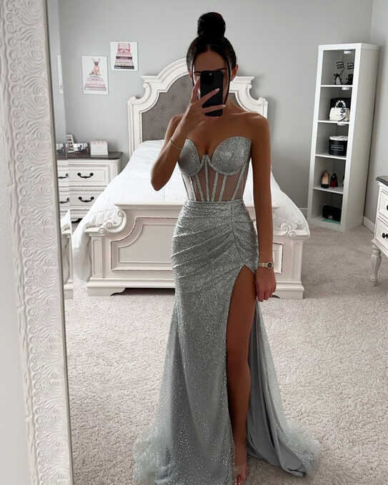 SILVER STRAPLESS GLITTER GOWN – SHOP DDMINE