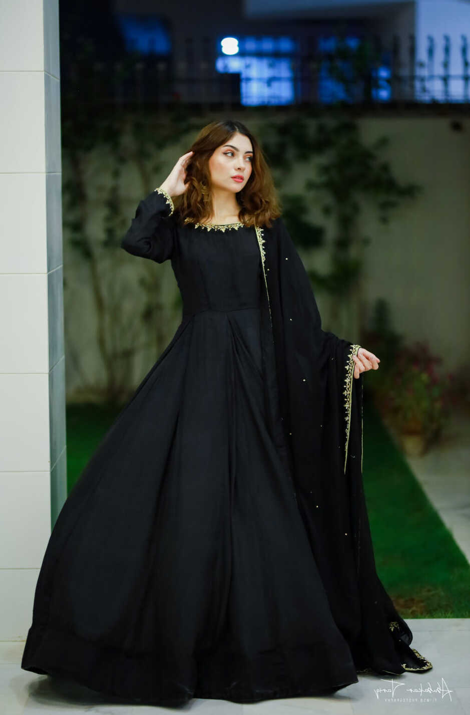 SOLID BLACK HAND EMBELLISHED LONG FLARED ANARKALI SET WITH DUPATTA ...