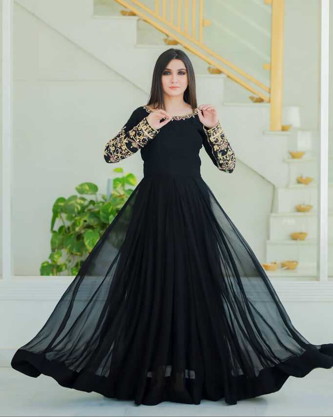 SOLID BLACK HAND EMBELLISHED LONG FLARED CHIFFON ANARKALI – Saad ...