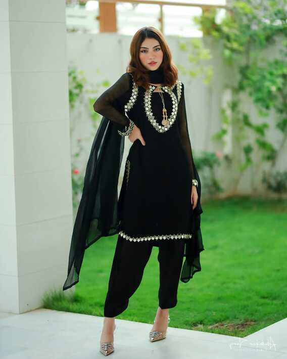 SOLID BLACK MIRROR EMBELLISHED KURTA WITH SHALWAR AND DUPATTA ...