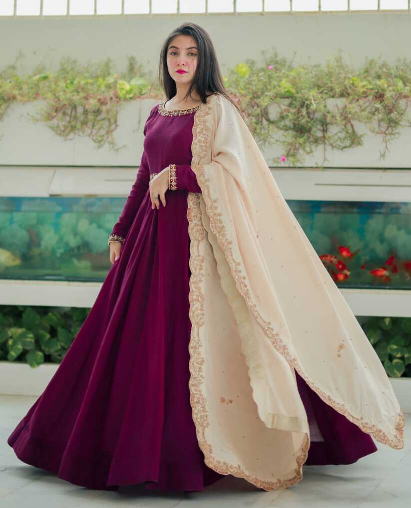 SOLID PURPLE LONG FLARED ANARKALI SET WITH HAND EMBELLISHED ...