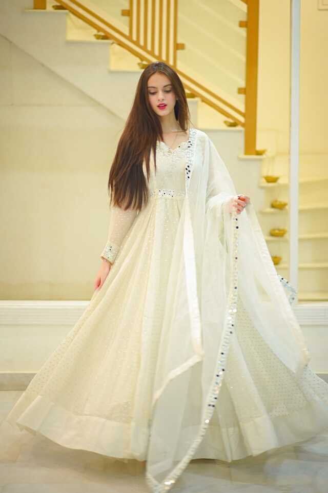 SOLID WHITE DOTTED LONG FLARED ANARKALI SET WITH DUPATTA – Saad ...