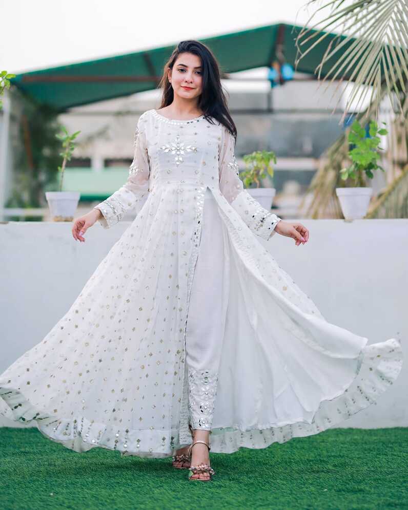 SOLID WHITE MIRROR EMBELISHED LONG FLARED HI SLIT ANARKALI – Saad ...