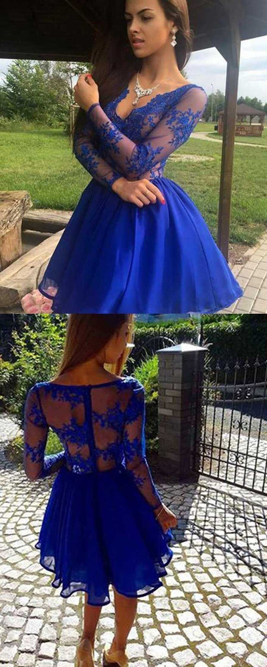 SR1182,A-Line Deep V-Neck Long Sleeves Royal Blue Chiffon Short ...