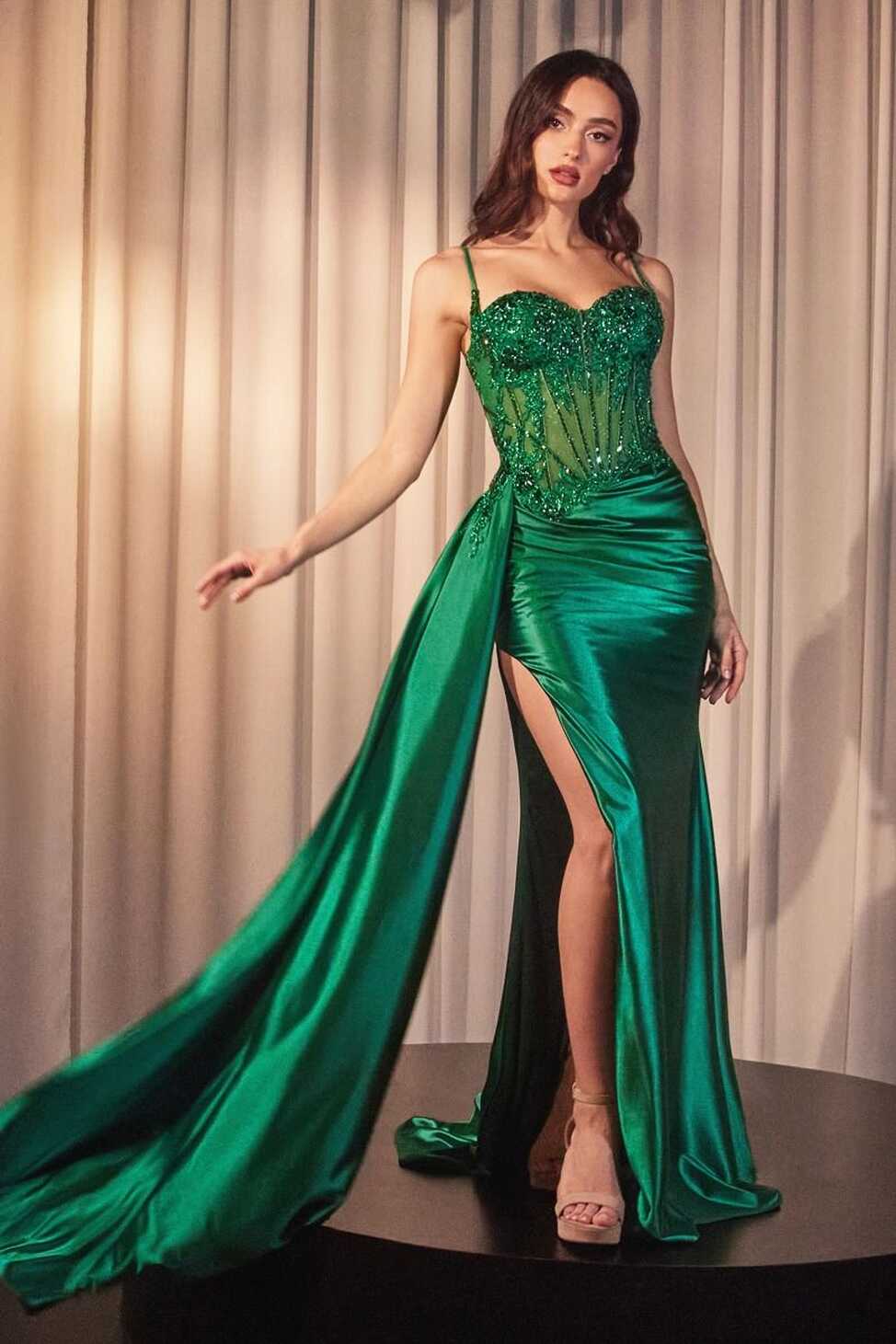 STERLING Emerald Green Embellished Corset Satin Mermaid Formal Dress