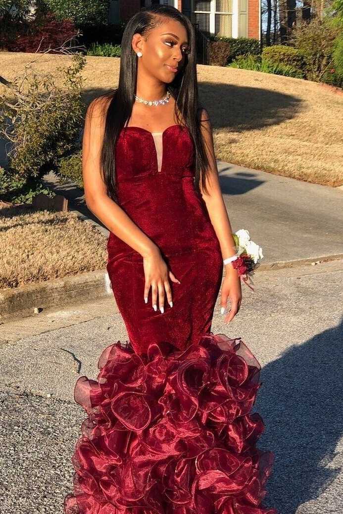 STRAPLESS BURGUNDY VELVET PROM DRESS W/ ORGANZA RUFFLED SKIRT | eBay