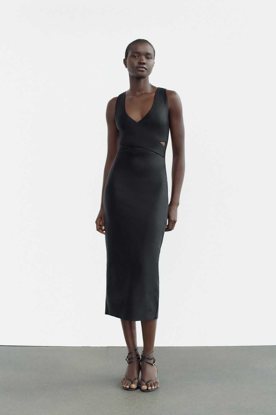 STRETCH KNIT SURPLICE MIDI DRESS - Black | ZARA Turkey