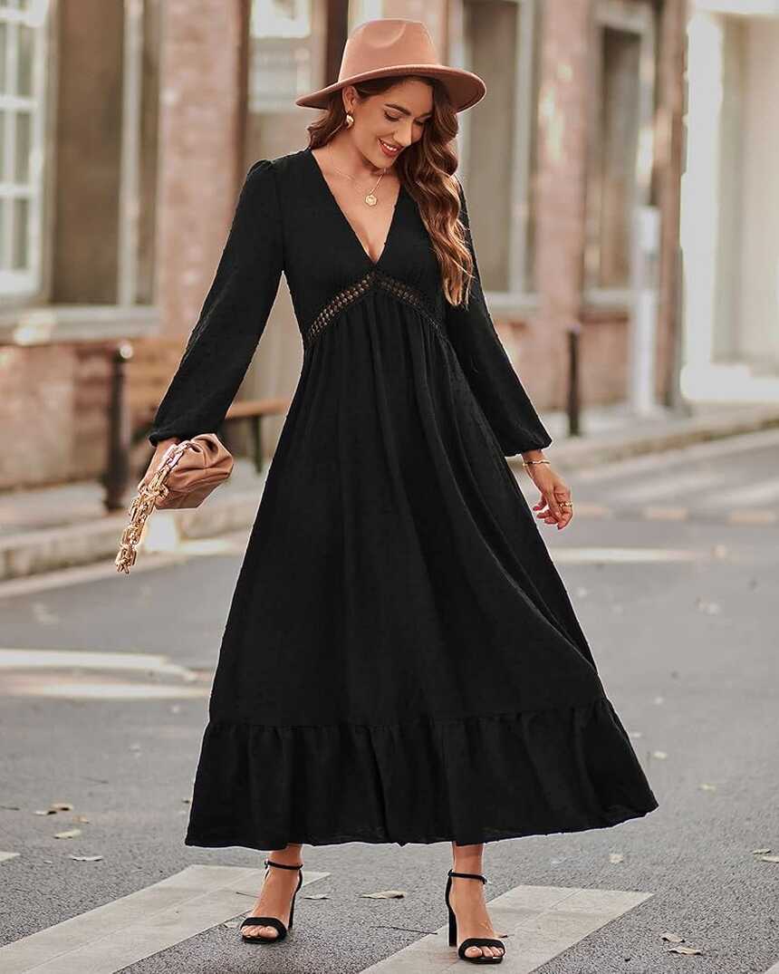 STYLEWORD Women&#39;s Maxi Dress Black Long Sleeve V Neck Ruffle Dress ...