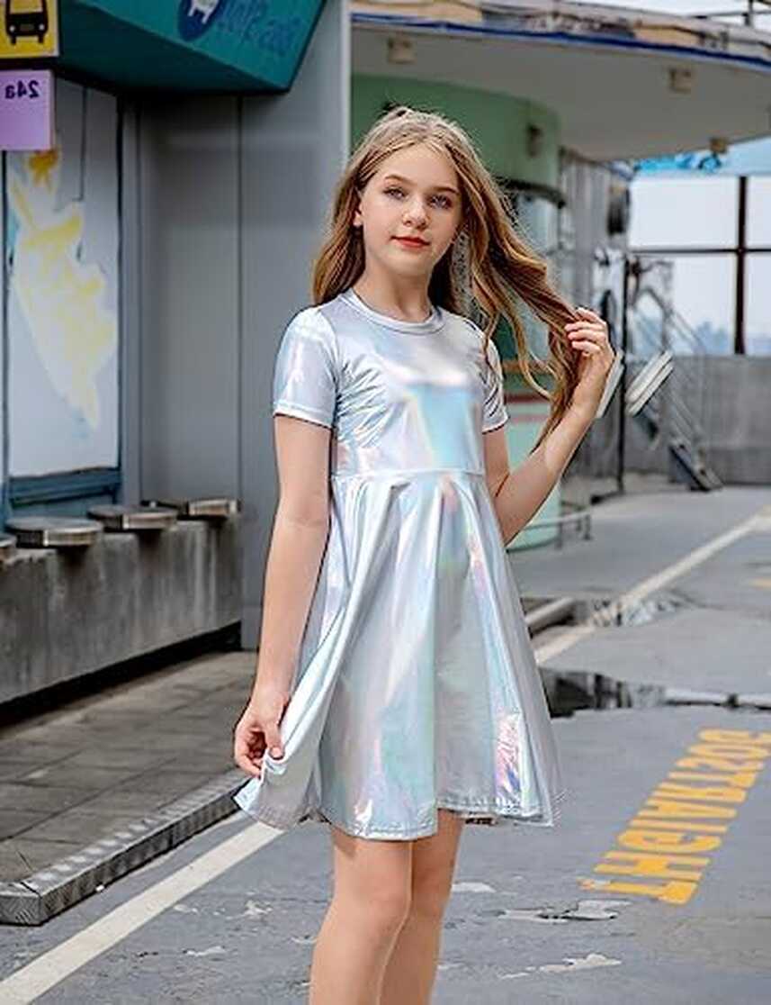 SUGARETTY Girls Metallic Dress Kids Sparkly Shiny Short Sleeve ...