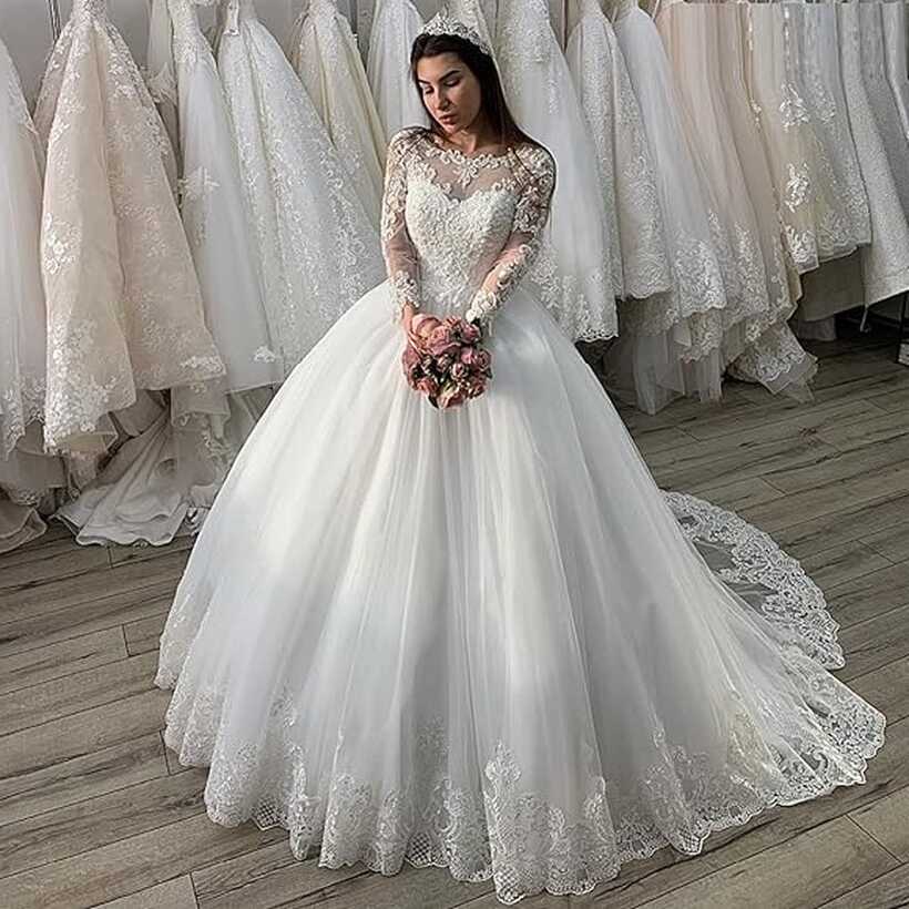 SWEETQT Scoop Long Sleeves Lace Appliues Princess Wedding Dresses ...