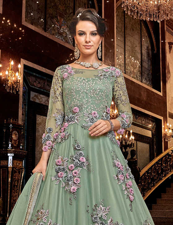 Sage Green Designer Heavy Embroidered Net Wedding Anarkali Gown ...