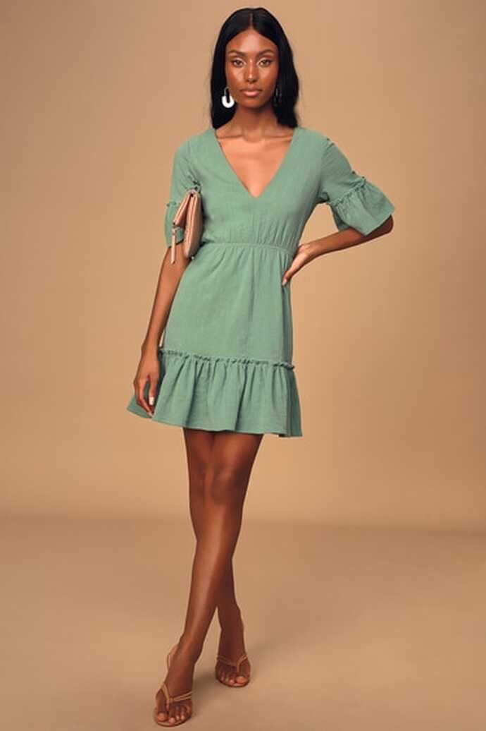 Sage Green Dress - Short Sleeve Mini Dress - Cute Skater Dress - Lulus