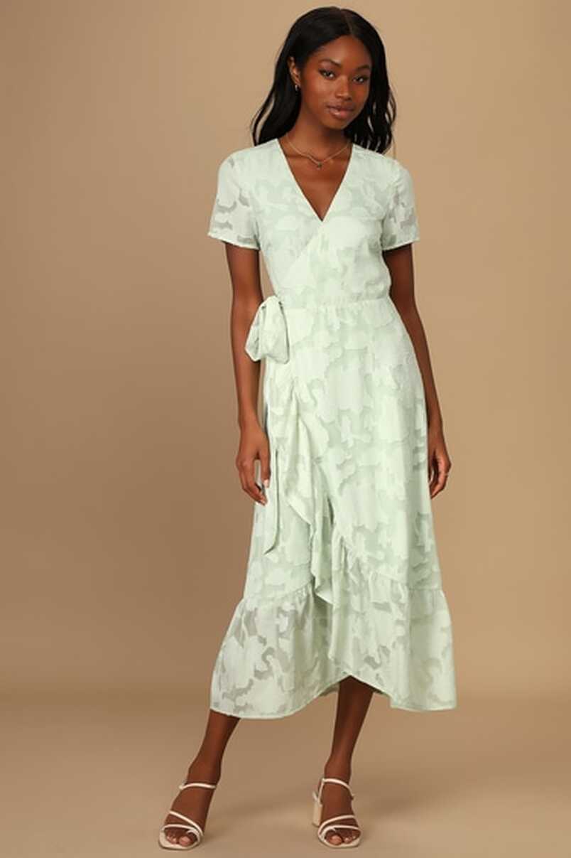 Sage Green Midi Dress - Jacquard Dress - Short Sleeve Wrap Dress ...