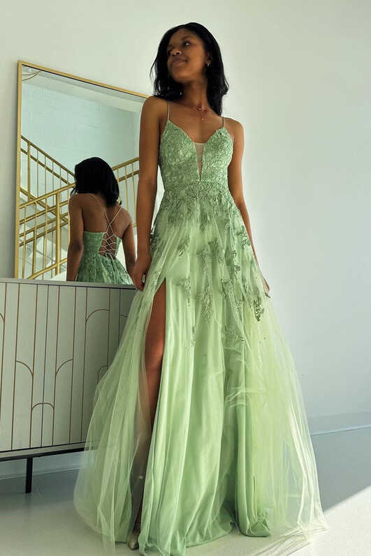 Sage Green V Neck Tulle A-Line Long Prom Dresses with Appliques ...