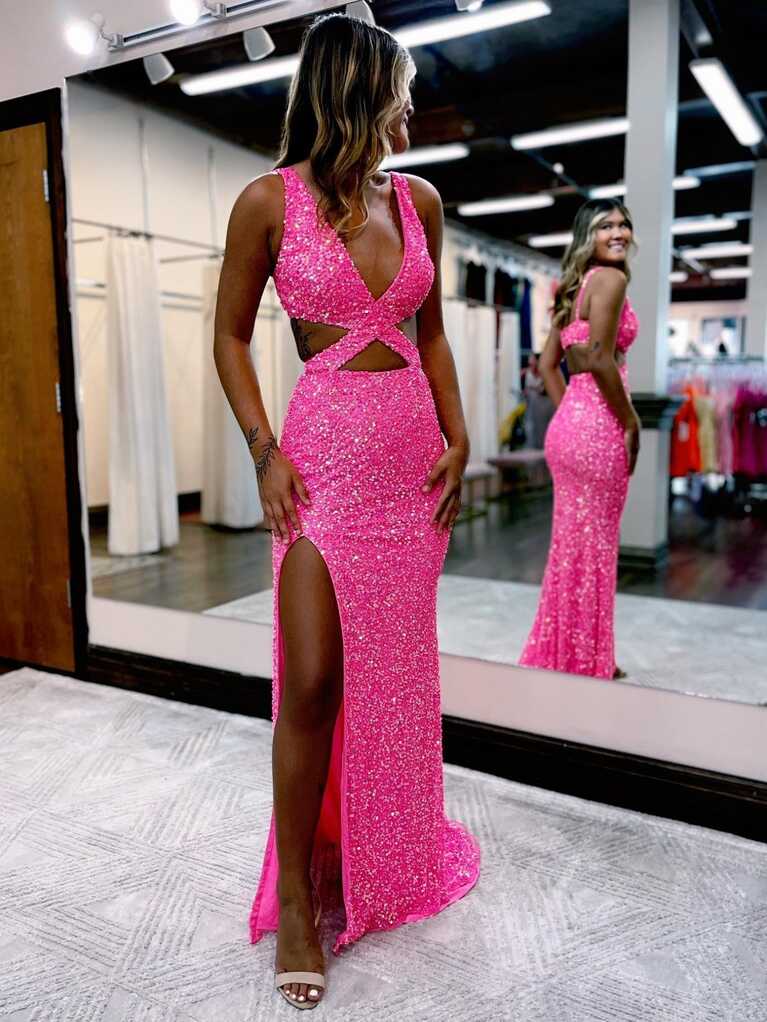 Salma Hot Pink Mermaid V Neck Sequins Prom Dress with Slit | KissProm