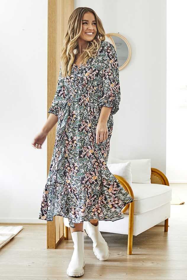 Sass June Long Sleeve Floral Midi Dress - Preen Clothing