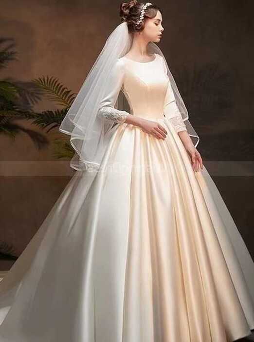 Satin Ball Gown Wedding Dress with Sleeves,Classic Bridal Gown ...