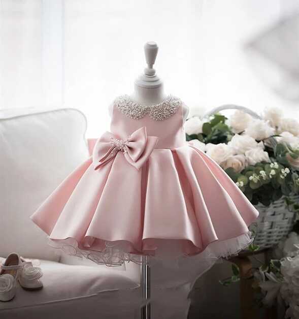 Satin Bead Bow Princess Dress White Wedding Tutu Dress 1 Year ...