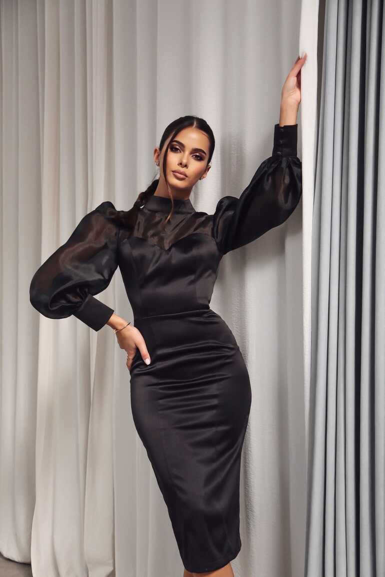 Satin Bodycon Dress with Organza Sleeves Black | BOJONI