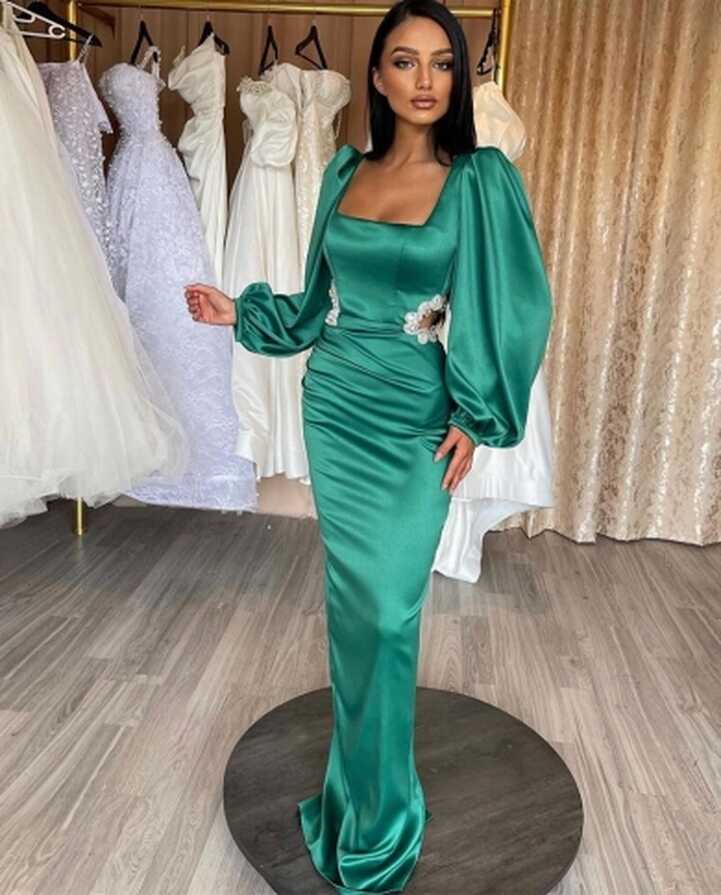 Satin Evening Dresses 2023 Long Puff Sleeves Square Collar Simple ...