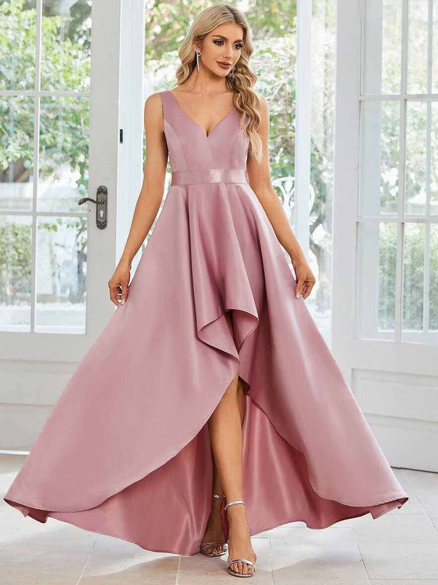 Satin High-Low V-neck Sleeveless Prom Dress - Ever-Pretty US