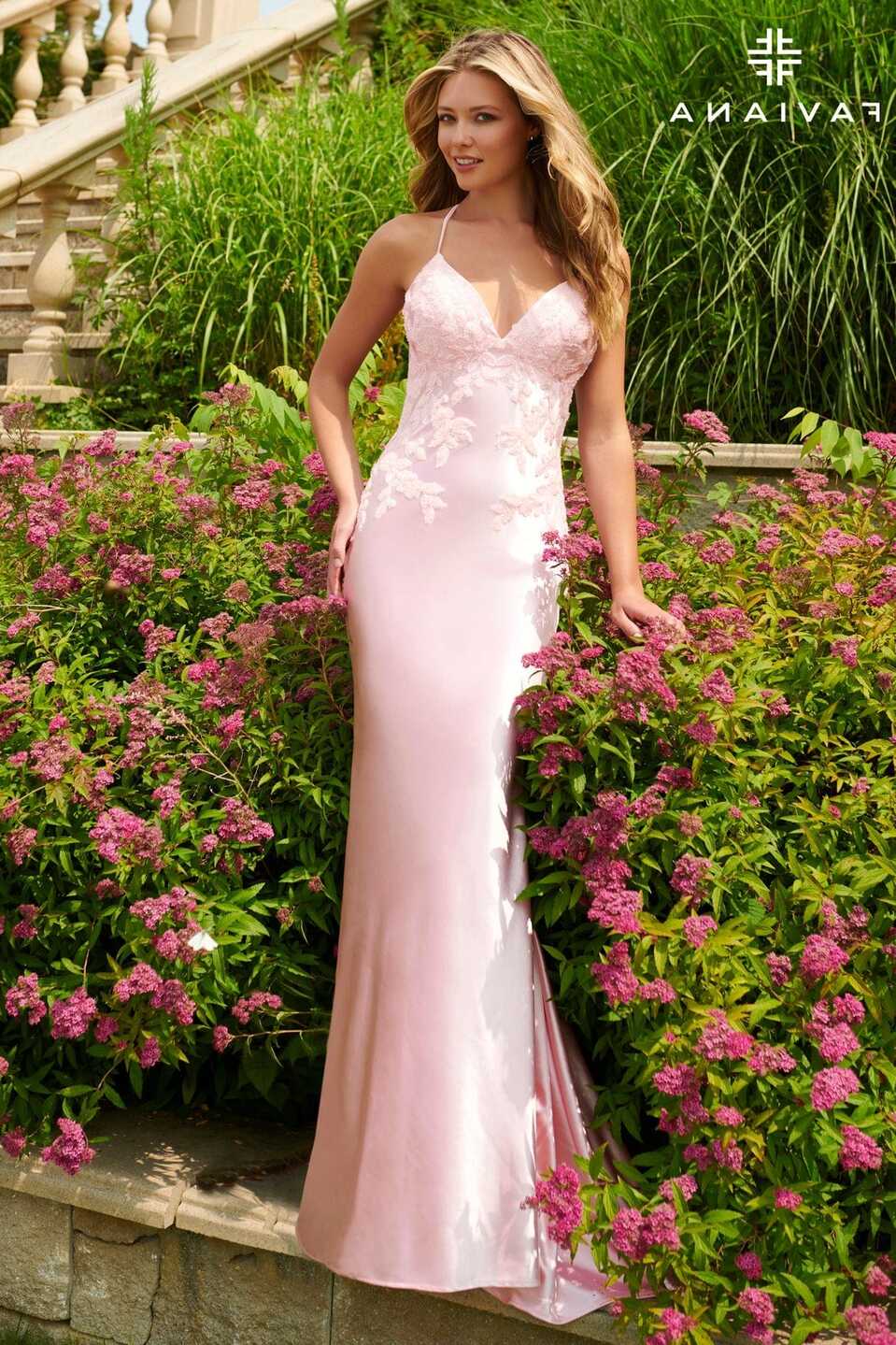 Satin Long Dress With Beaded Lace Appliqué | 11002