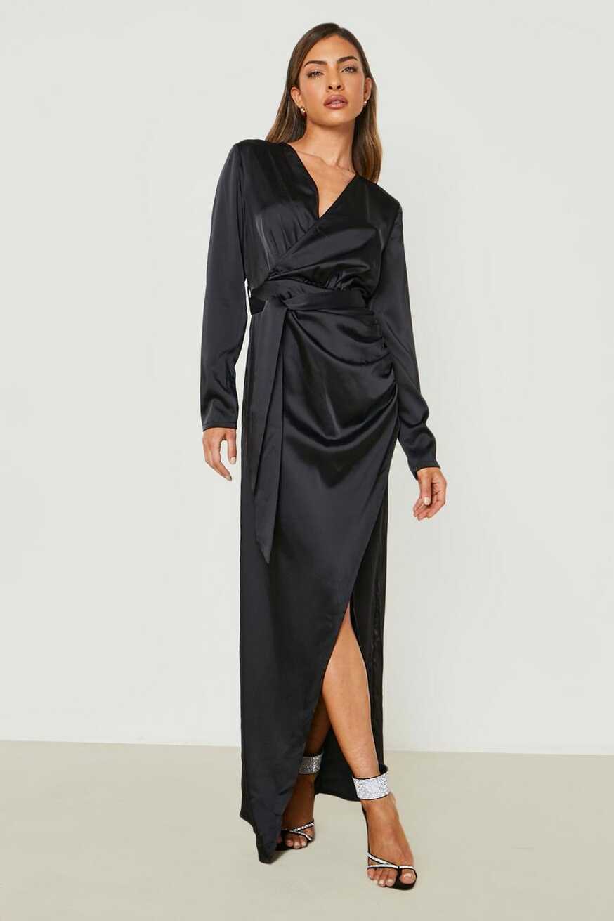 Satin Long Sleeve Wrap Front Maxi Dress | boohoo