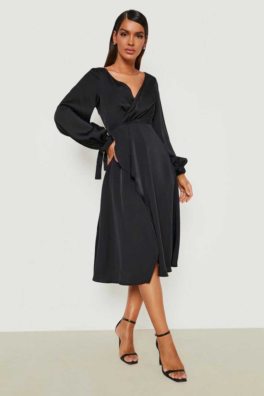 Satin Long Sleeve Wrap Midi Dress | boohoo