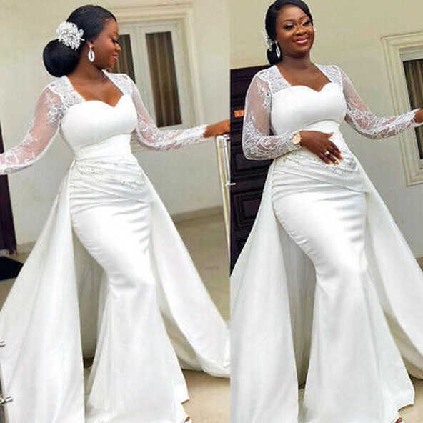 Satin Mermaid Wedding Dress Detachable Train Long Sleeves African ...