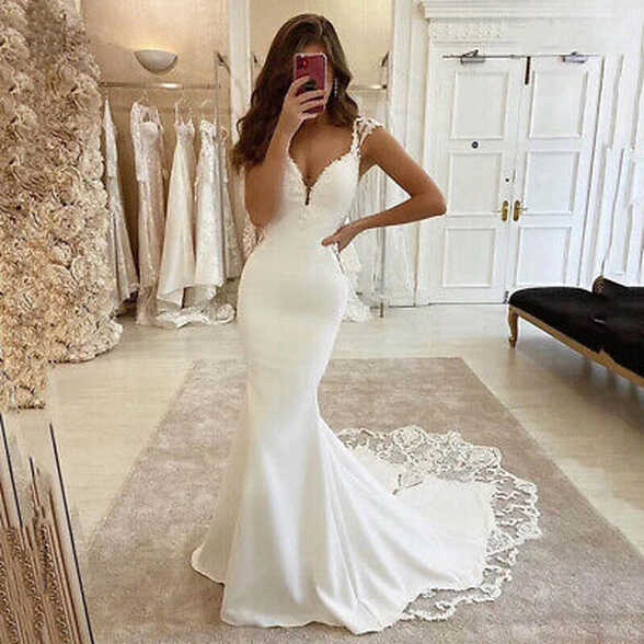 Satin Mermaid Wedding Dresses V-Neck Spaghetti Straps Bridal Gowns ...