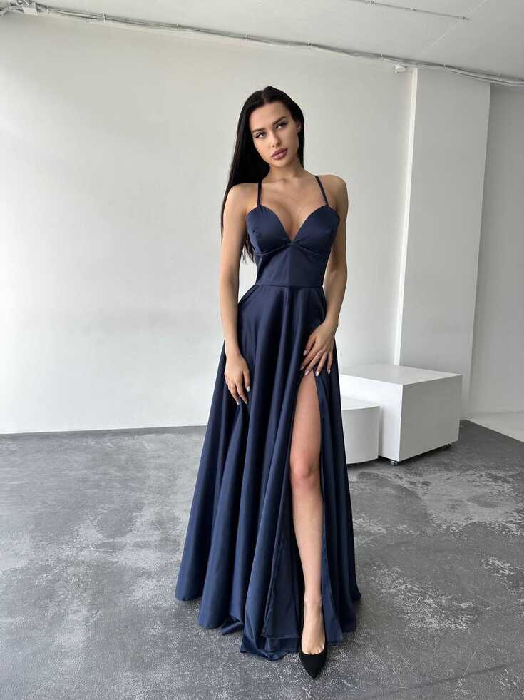 Satin Navy Blue Dress, Dark Blue Slit Dress, Navy Blue Prom Dress ...