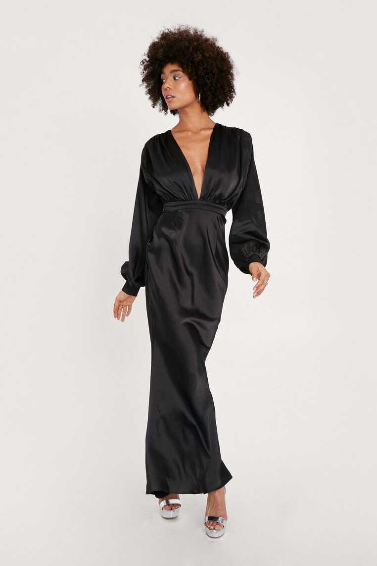 Satin Plunge Long Sleeve Maxi Dress | Nasty Gal