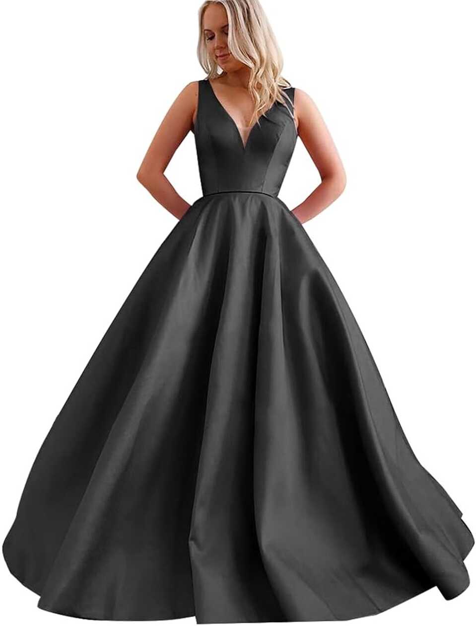 Satin Prom Dresses 2024 with Pockets V Neck Long Ball Gowns for ...