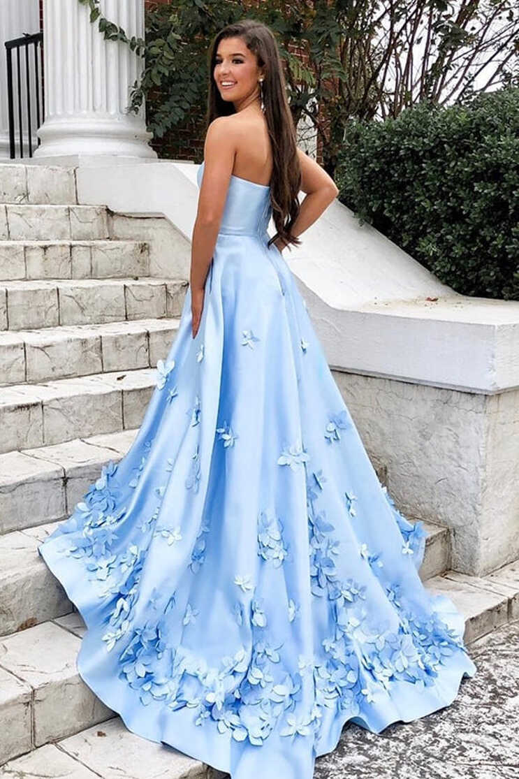 Satin Sweetheart Sky Blue A-line Long Prom Dresses with 3D Floral ...