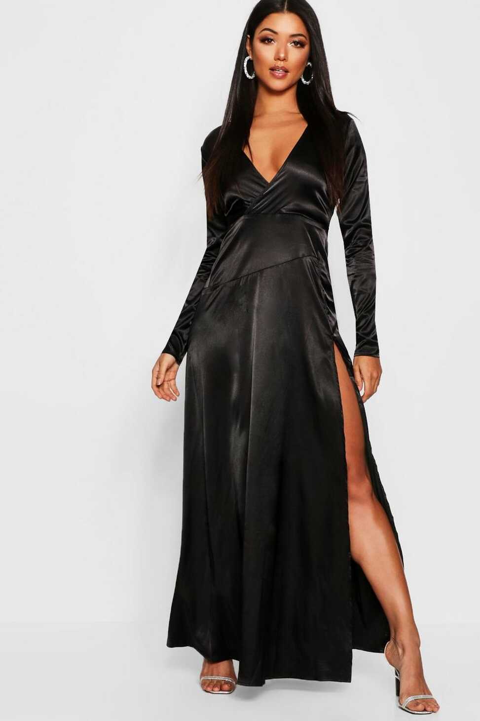 Satin Wrap Detail Long Sleeve Maxi Dress | boohoo AU