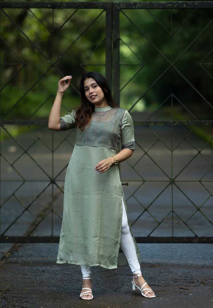 Satin georgette kurti with handworked yoke in sage green shade MBS ...