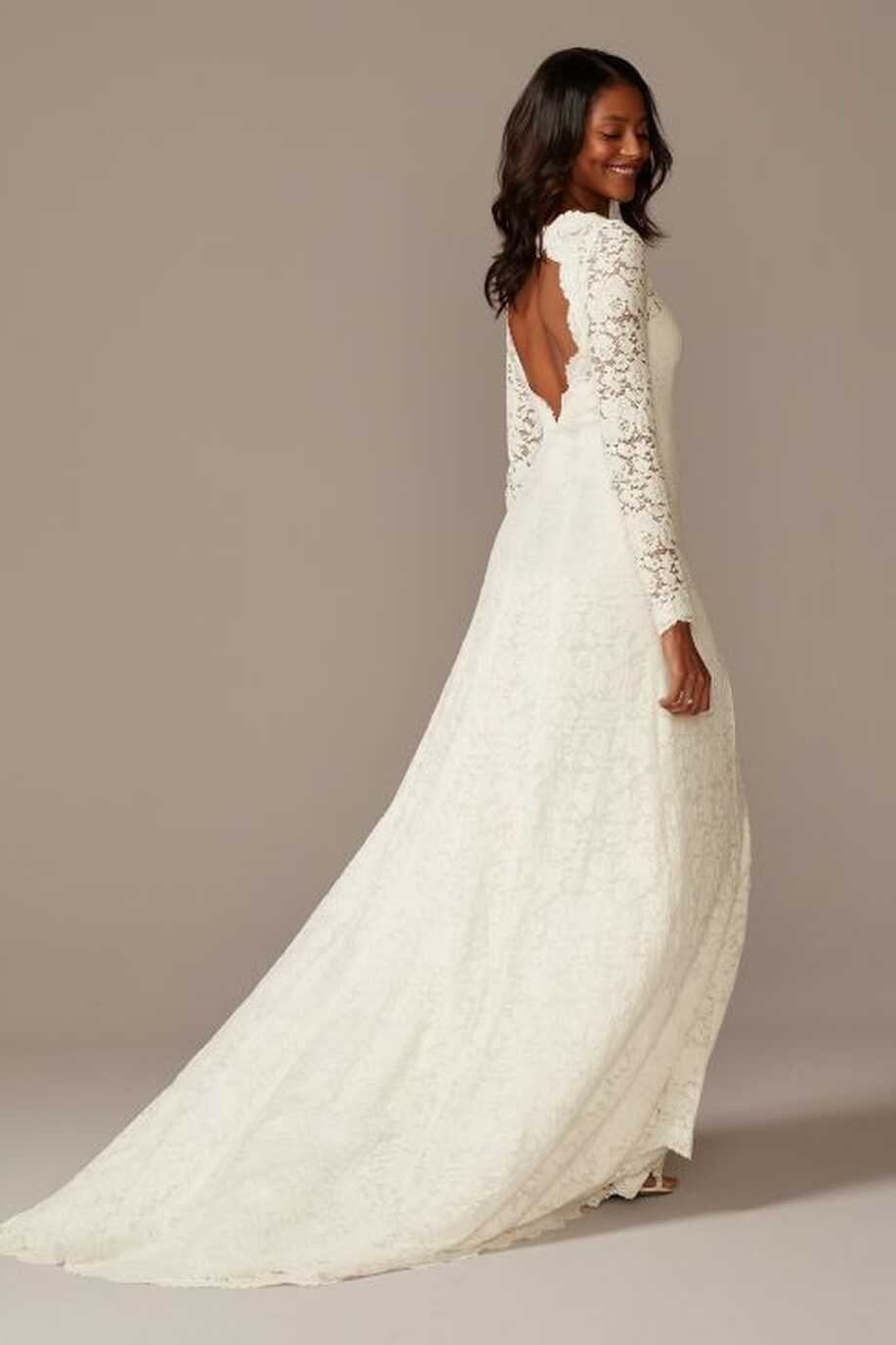 Scalloped Lace Long Sleeve Open Back Wedding Dress | David&#39;s Bridal