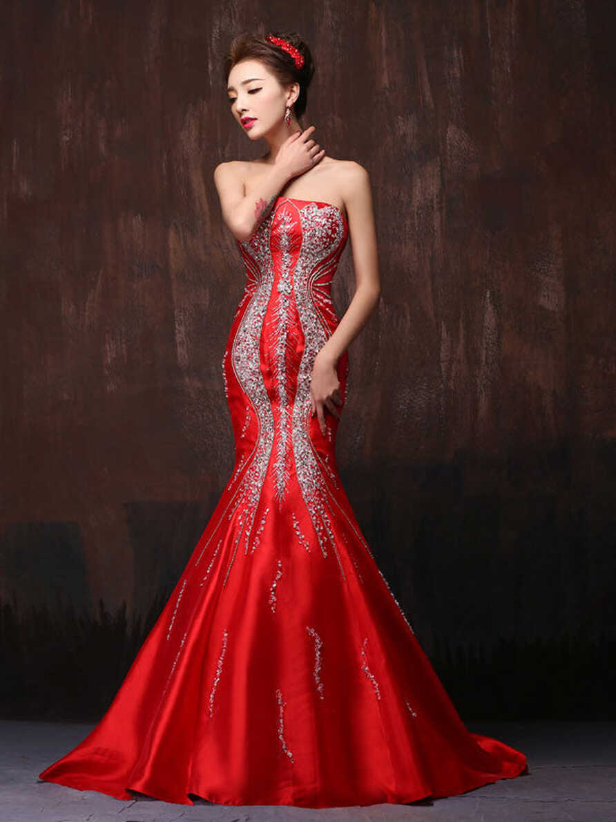 Scarlet Red Sexy Strapless Fit and Flare Mermaid Wedding Dress Formal