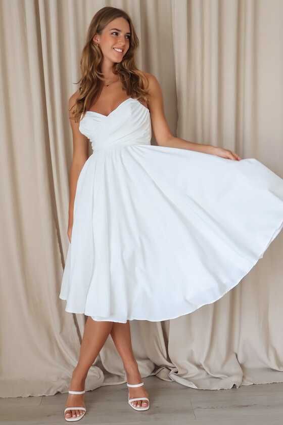 Schyler Midi Dress - Bodice Sash Tulle A-line White Formal Flowy ...