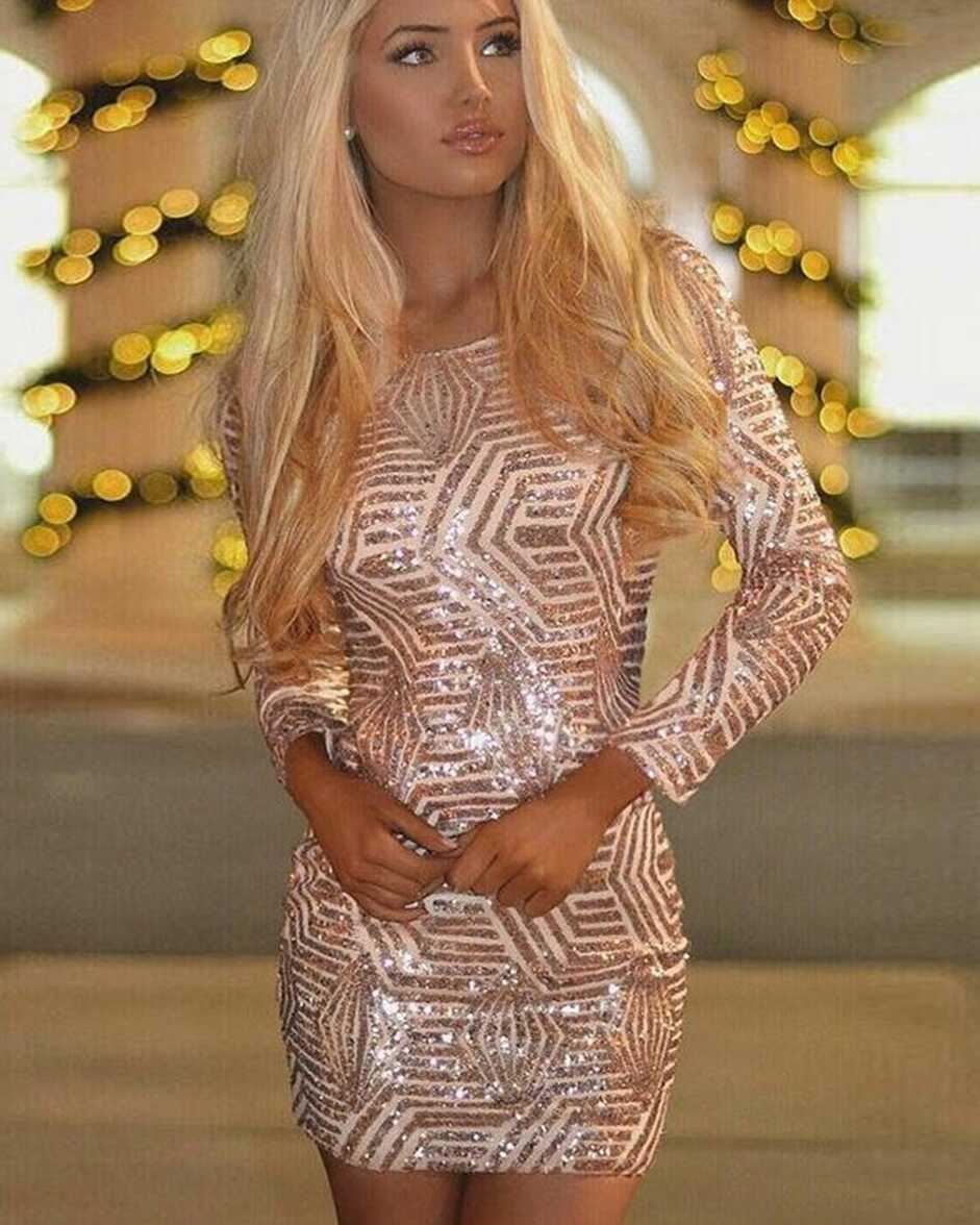 Scoop Gold Sequin Tight Sheath Cocktail Dress with Long Sleeves HD3208