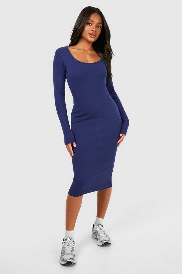 Scoop Neck Long Sleeve Rib Midi Dress | boohoo