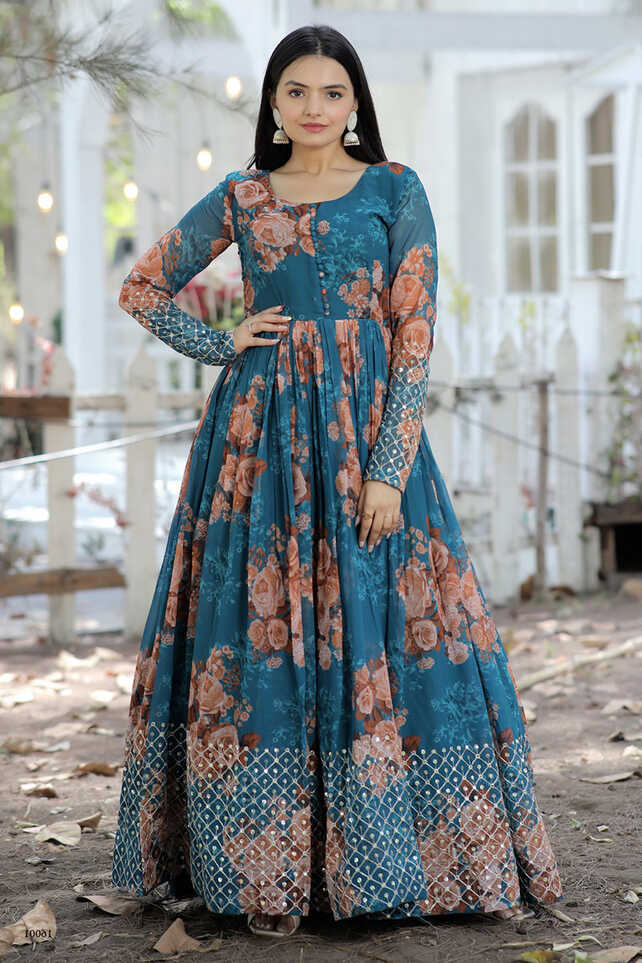 Sea Blue Floral Printed A-line Georgette Gown LSTV124441