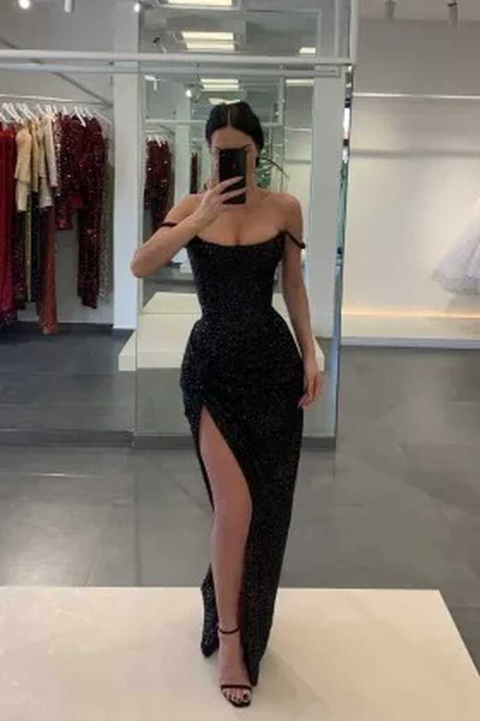 Seductive Off-the-Shoulder High Slit Black Sequin Party Gown - VQ