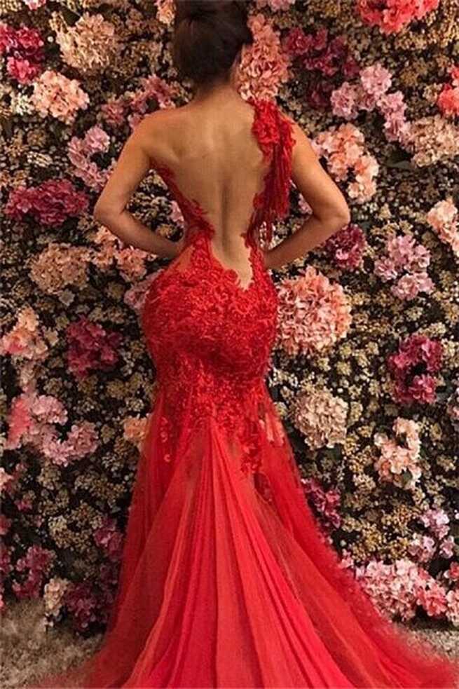 See Through Lace Red Prom Dresses One Shoulder Evening Gown ...