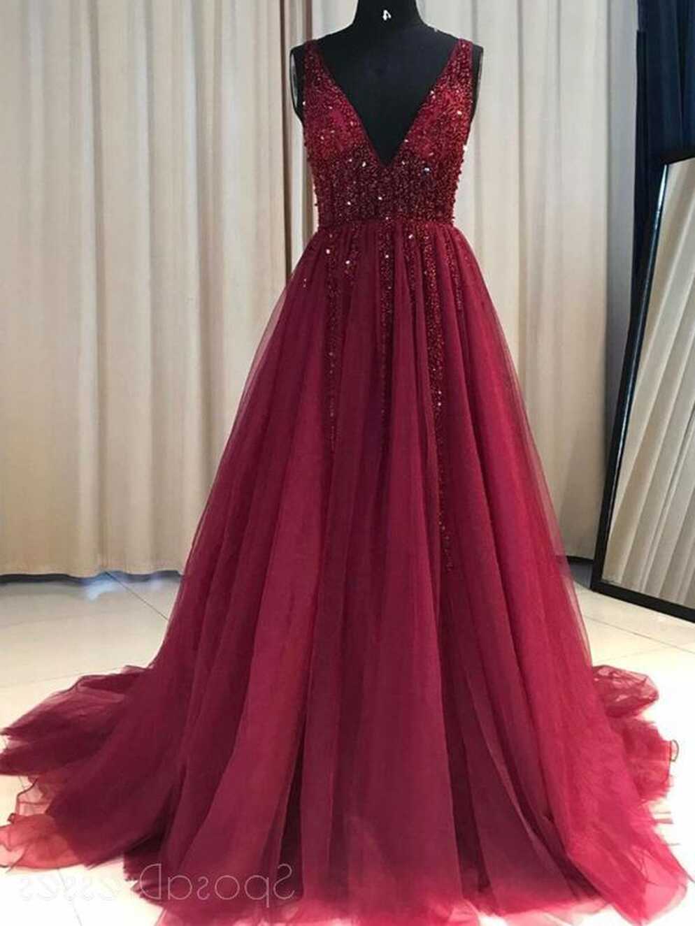 See Through V Neck Dark Red Beaded Long Evening Prom Dresses ...