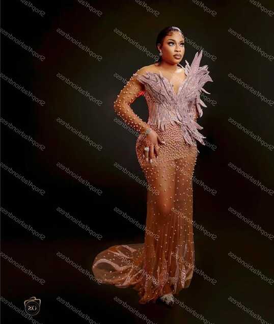 See Thru Pearls Beaded Africa Evening Dresses Illusion V-neck ...